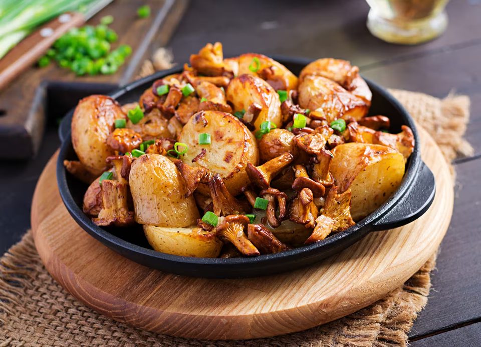 Baked Potatoes with Garlic, Herbs, and Fried Chanterelles