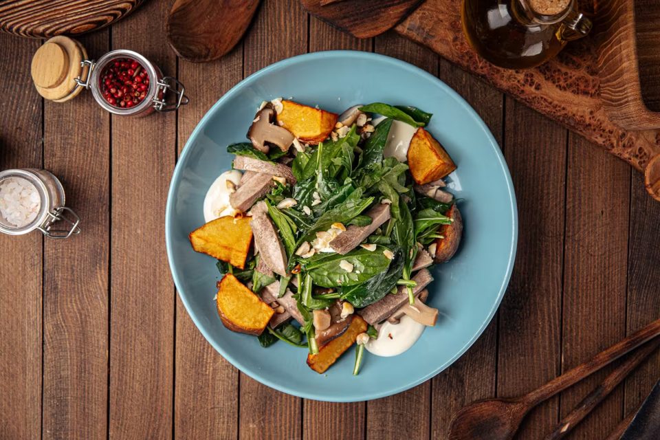 Beef Tongue Salad with Potato, Spinach, and Mushrooms