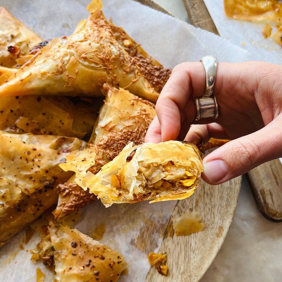 Brown butter corn and cheese filo pies