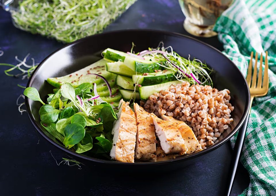 Buckwheat Porridge with Grilled Chicken Fillet, Corn Salad, Microgreens, and Daikon