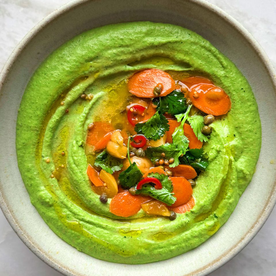 Cashew dip with spiced carrot and apricot pickle