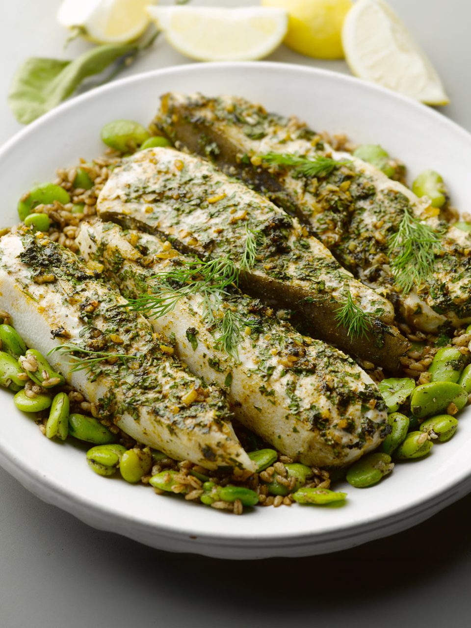 Cermoula-basted halibut with farro