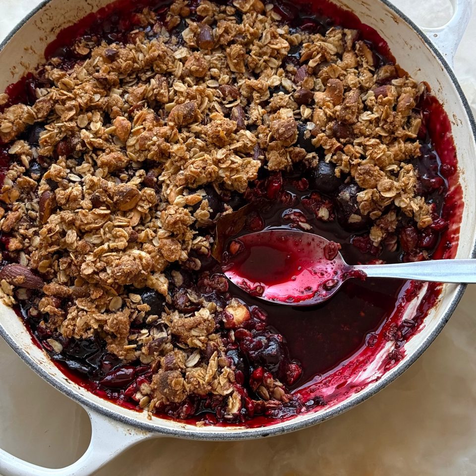 Cherry and lime leaf crumble