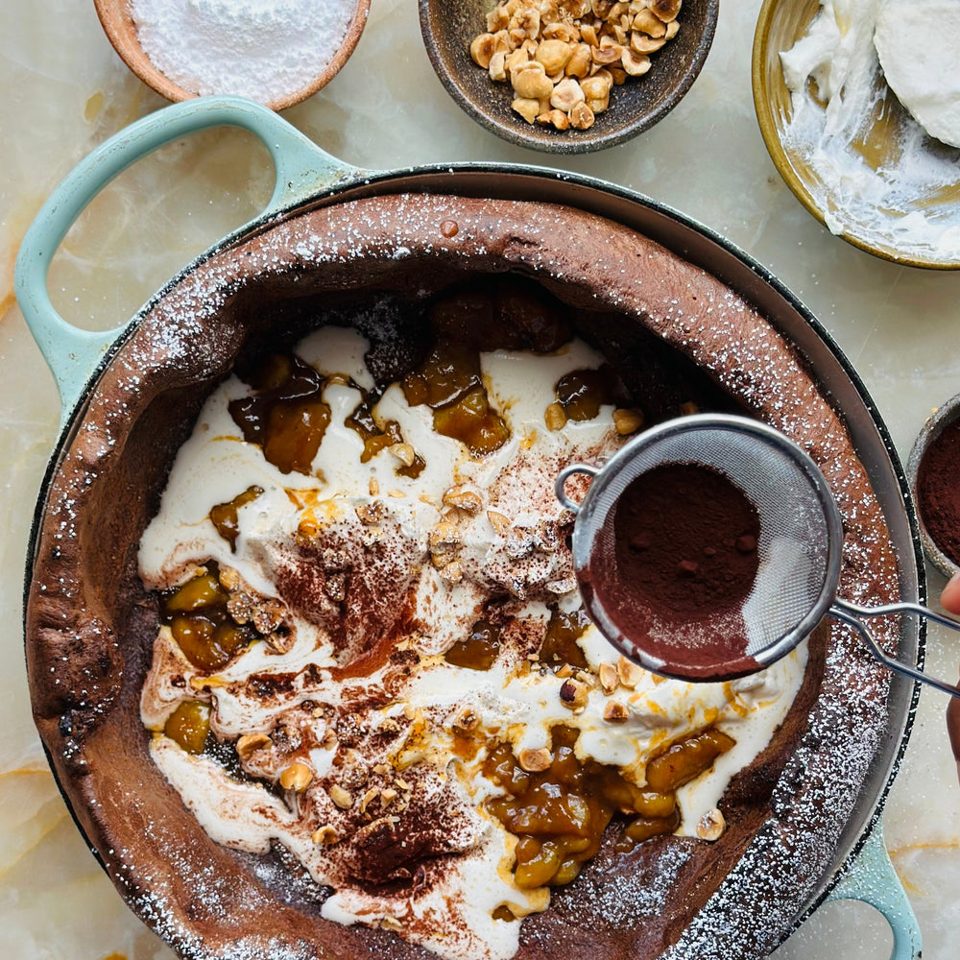 Chocolate Dutch Baby with caramelised bananas