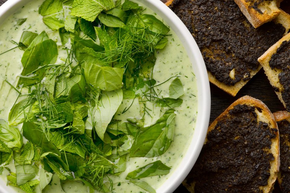 Cold yoghurt soup with tapenade toasts