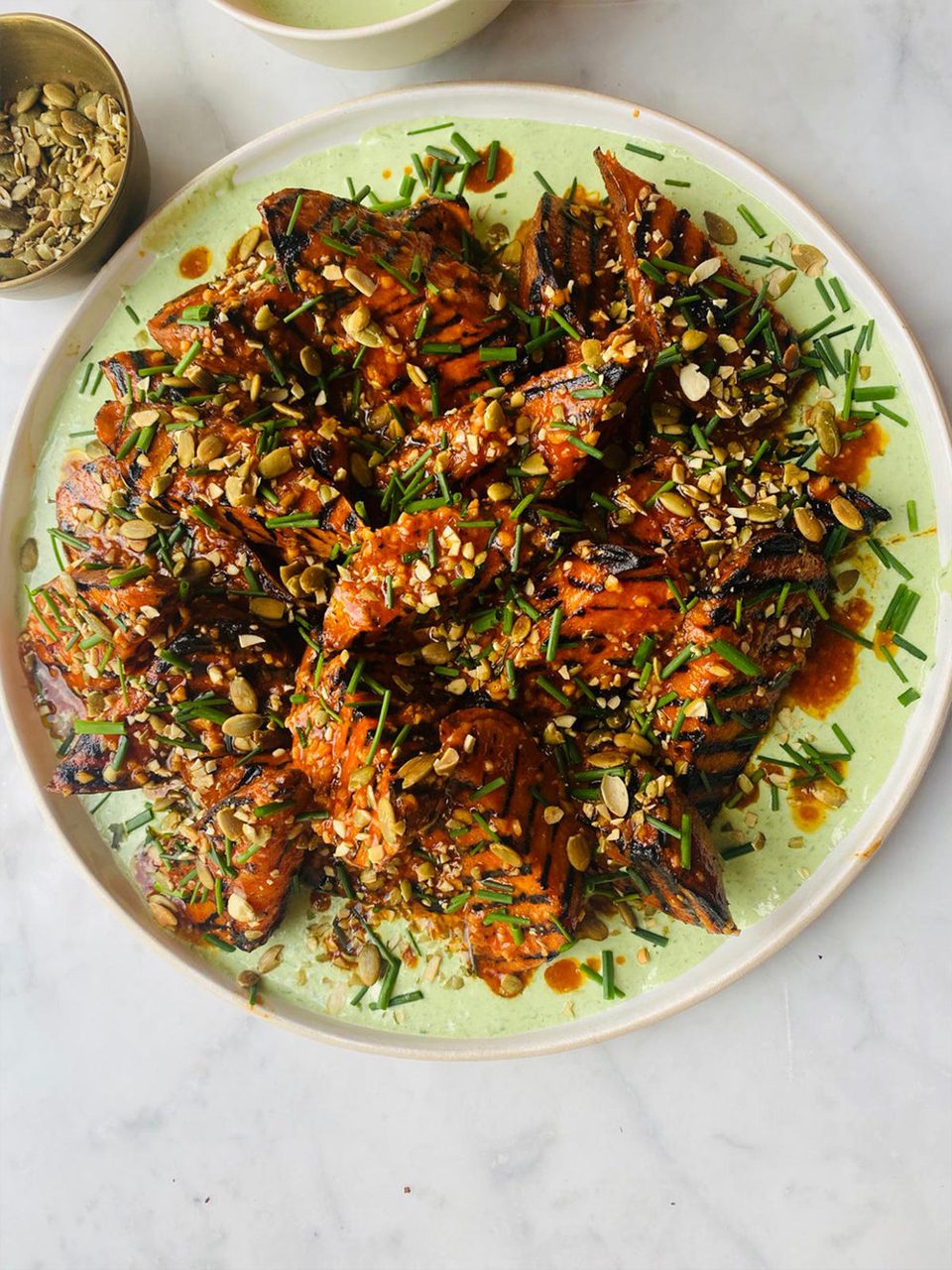 Grilled Sweet Potatoes with Hot Sauce Butter and Chive Soured Cream