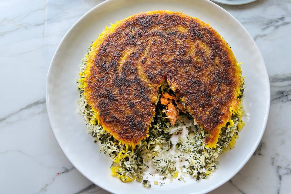 Kruidige tahdig met forel en yoghurt van ingemaakte citroen