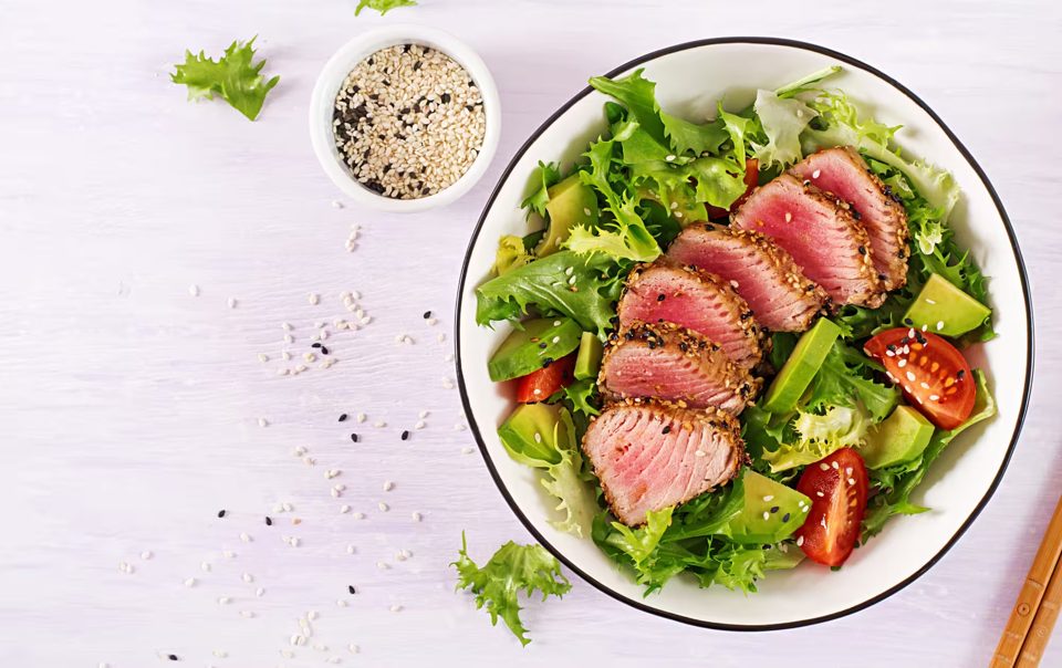 Japanese-Style Salad with Medium-Rare Grilled Ahi Tuna and Sesame