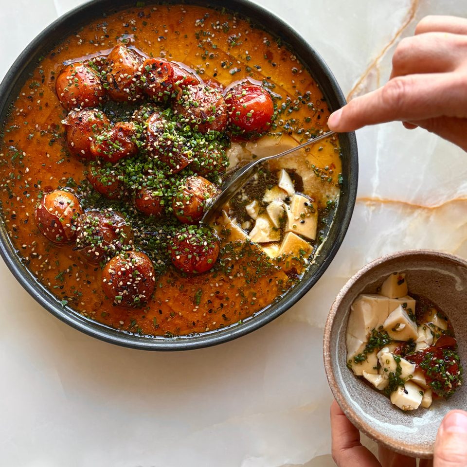 Miso steamed eggs with jammy tomatoes and furikake