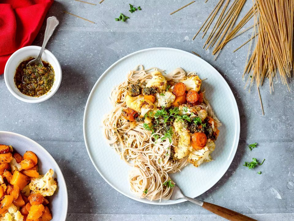 Pasta with Pesto & Sun-Dried Tomato Sauce, Cauliflower, and Carrots