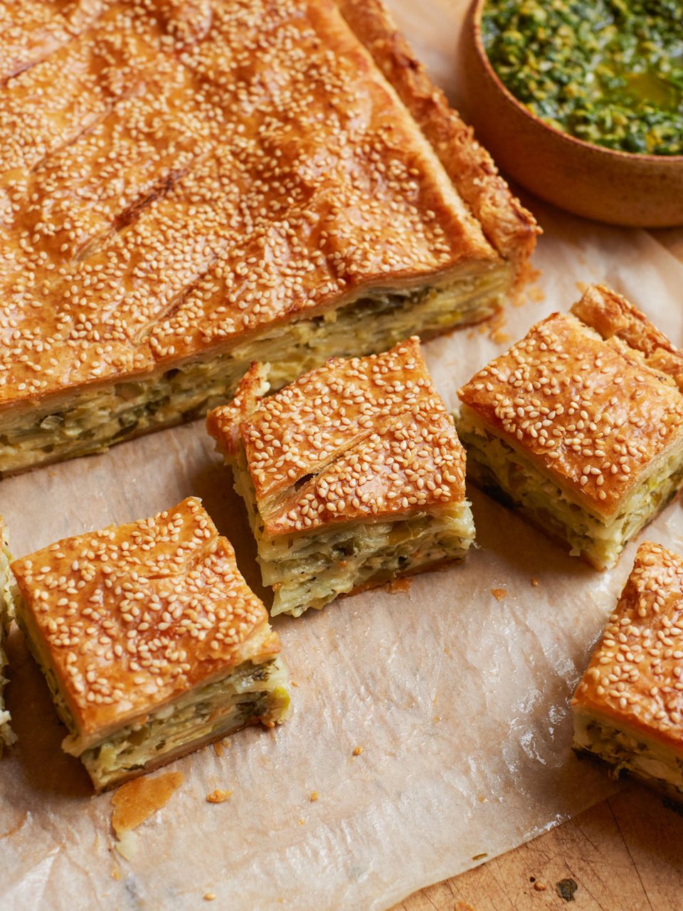 Potato slab pie with salsa verde