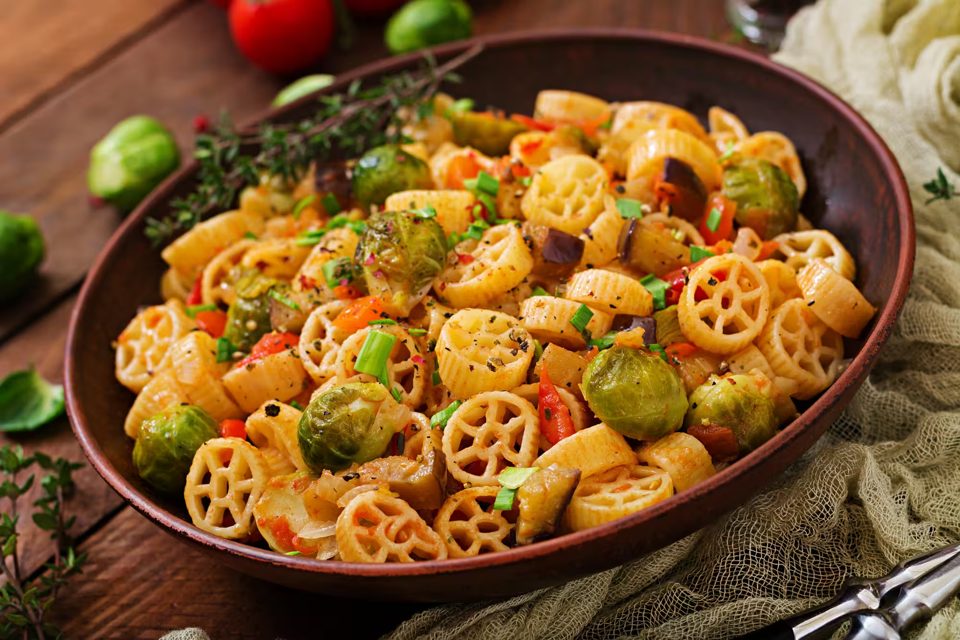 Rocchetti Pasta with Brussels Sprouts, Tomato, Eggplant, and Paprika