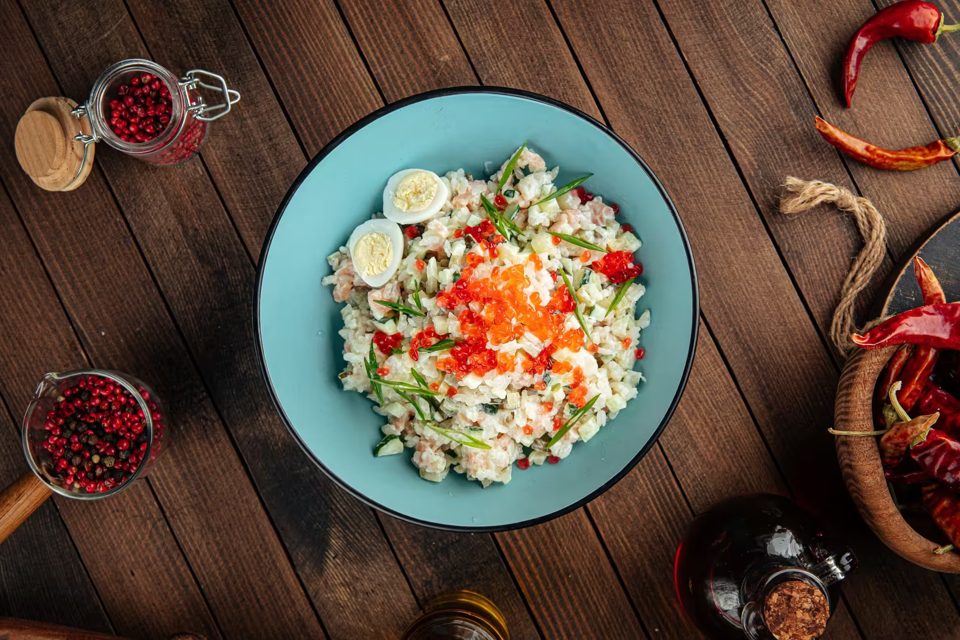 Russian Olivier Salad with Salmon Caviar