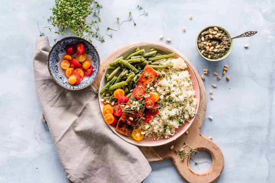 Salmon and Quinoa with Cherry Tomatoes and Green Lentils