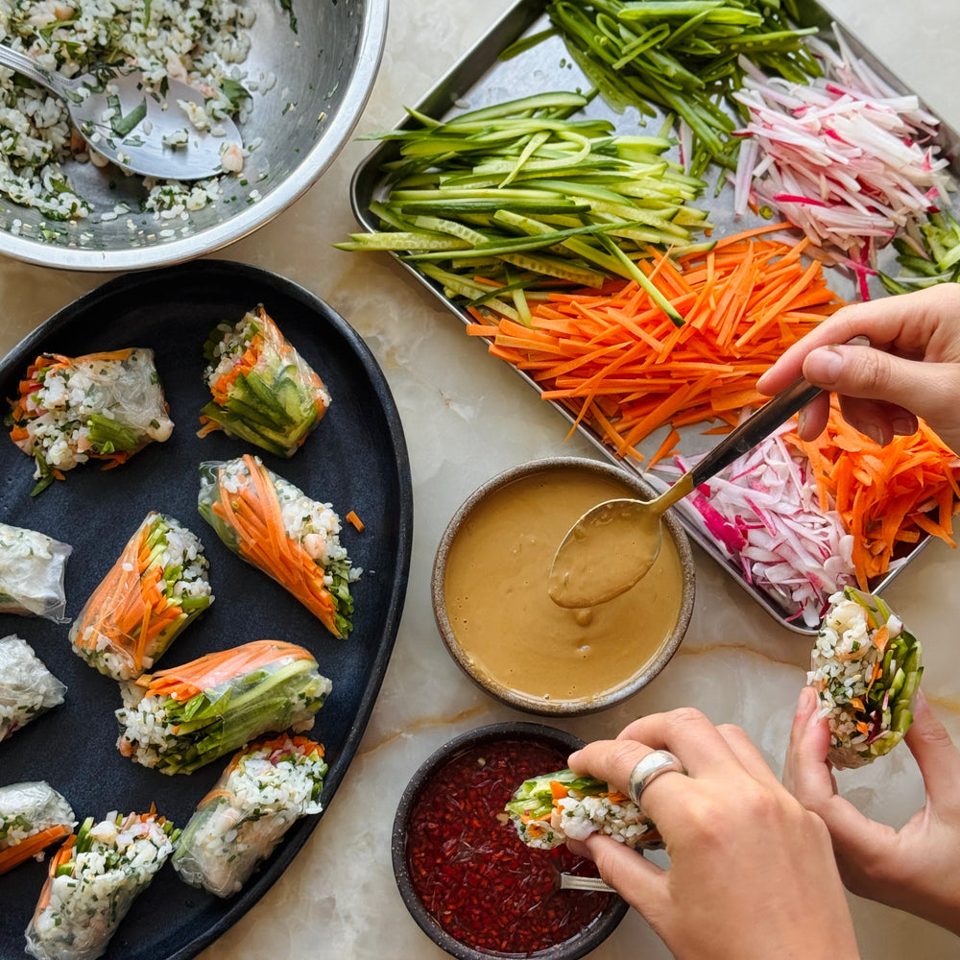 Summer rolls with pomegranate molasses nuoc cham and tahini
