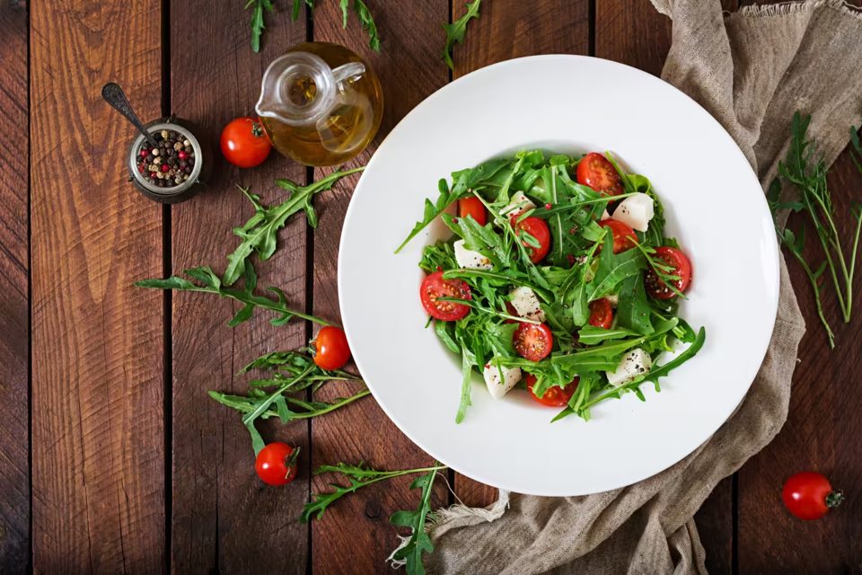 Vitamin Salad with Fresh Tomatoes, Arugula, Feta Cheese, and Peppers