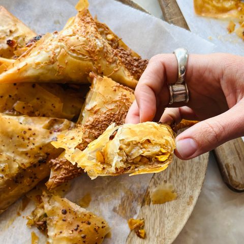 Brown butter corn and cheese filo pies
