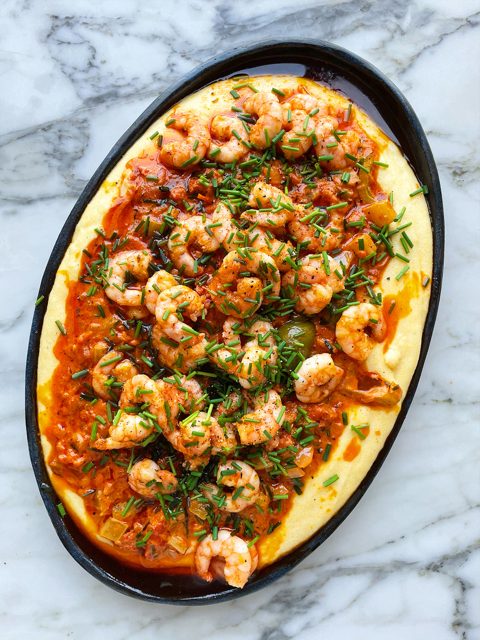 Cajun prawns with creamy tomato sauce and cheesy polenta