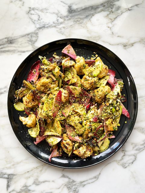 Cauliflower salad with miso dressing and pistachio pesto