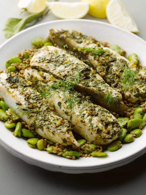 Cermoula-basted halibut with farro
