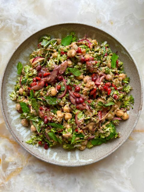 Chopped broccoli salad with peanut and goji dressing