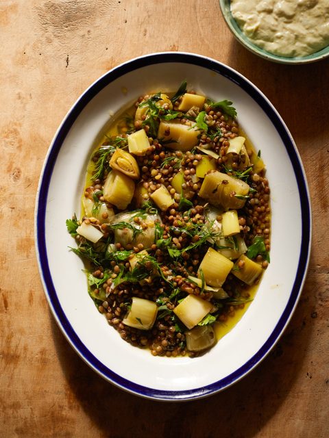 Confit leeks with puy lentils and leek cream