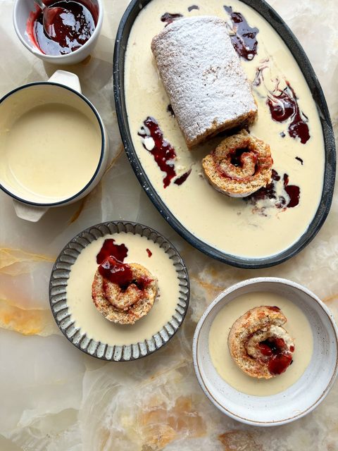 Hazelnut roly-poly with lemon custard