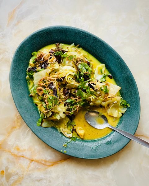 Hispi cabbage with coconut and turmeric sauce