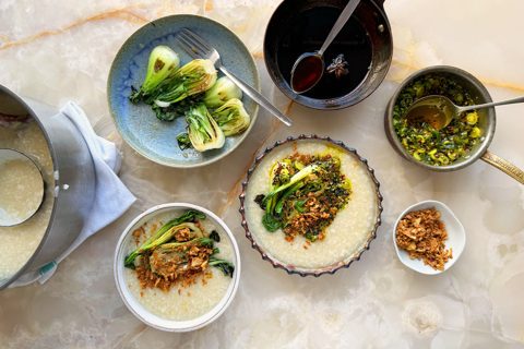 Jook with Garlicky Choi Sum and Turmeric Oil