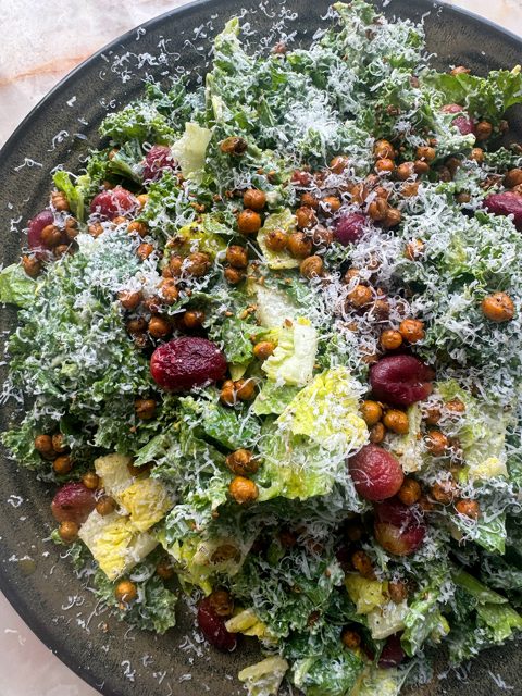Kale and tahini caesar salad with za'atar chickpeas and roasted grapes