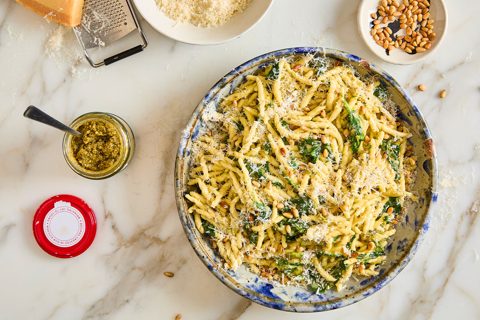 Miso pesto trofie pasta with spinach and pine nuts