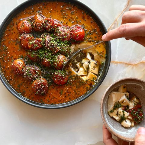 Miso steamed eggs with jammy tomatoes and furikake