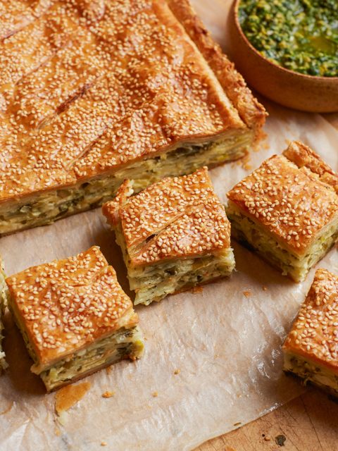 Potato slab pie with salsa verde