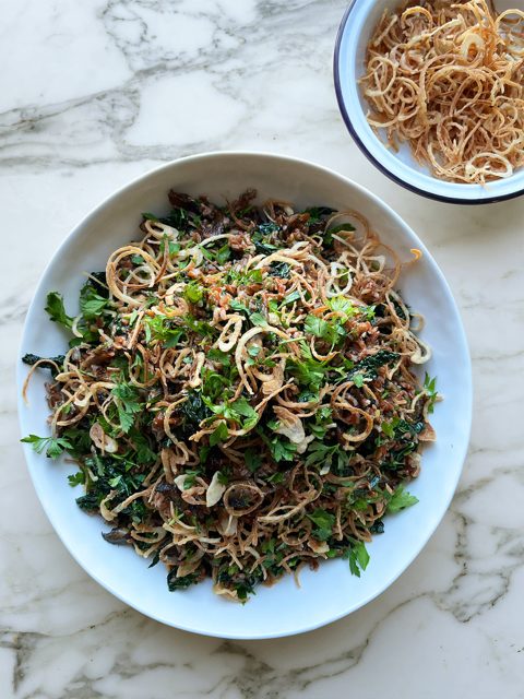 Red rice with mushrooms and cavolo nero