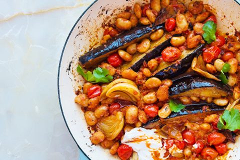 Roasted aubergines and butter beans in chilli pesto