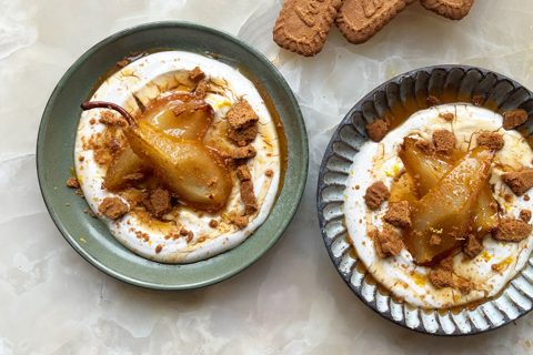 Roasted Pear with Spiced Ricotta Yoghurt and Crumbled Biscuits
