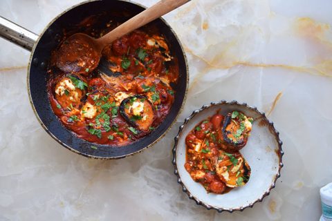 Roasted sweet potato, tomato sauce and feta
