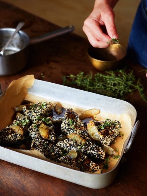Sesame-crusted feta with black lime honey syrup