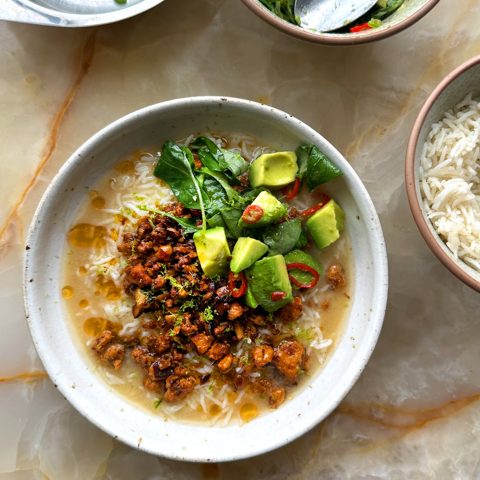 Shiitake and tempeh brothy rice bowl