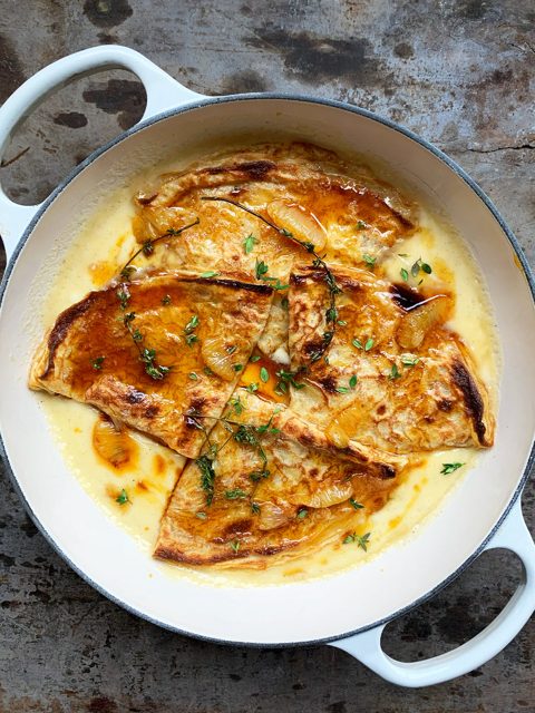 Skillet blintzes with lemon, mascarpone and thyme
