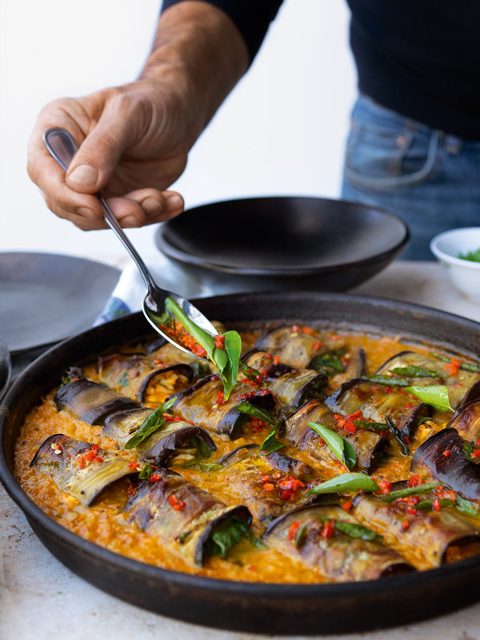 Stuffed aubergine in curry and coconut dal