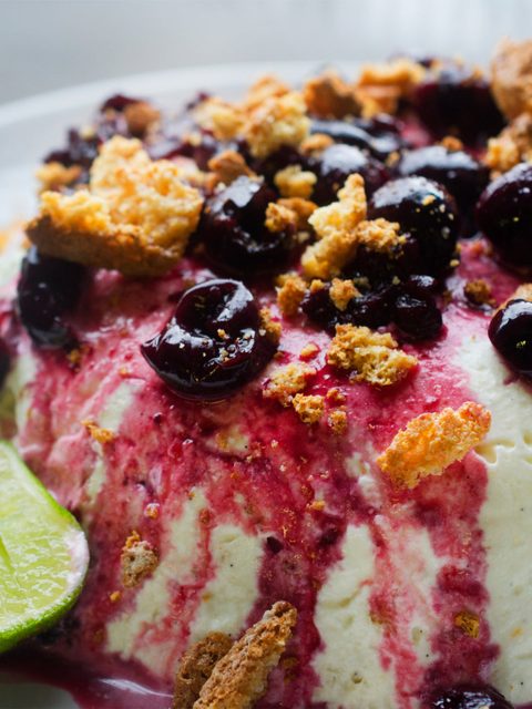 Yoghurt and orange semifreddo with cherries and amaretti